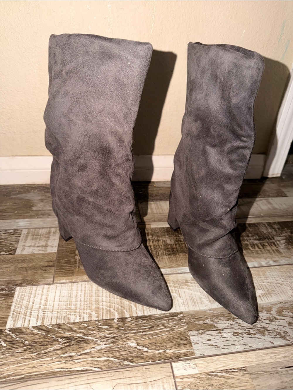 Gray Suede Pointed-Toe Mid-Calf Boots - Unbranded